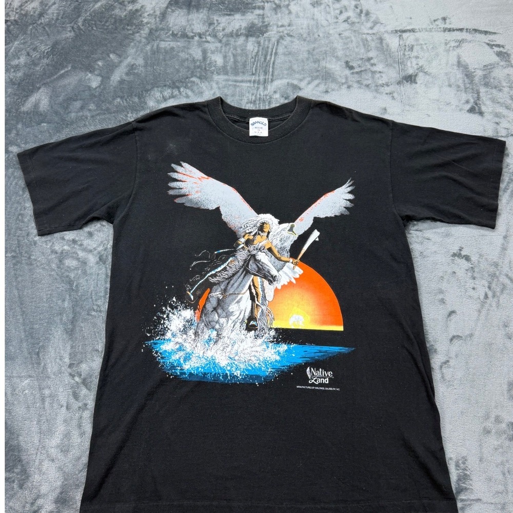 Vintage Branded Native‎ Land Single Stitch T Shirt Mens Large Black Eagle Horse - Picture 2 of 9